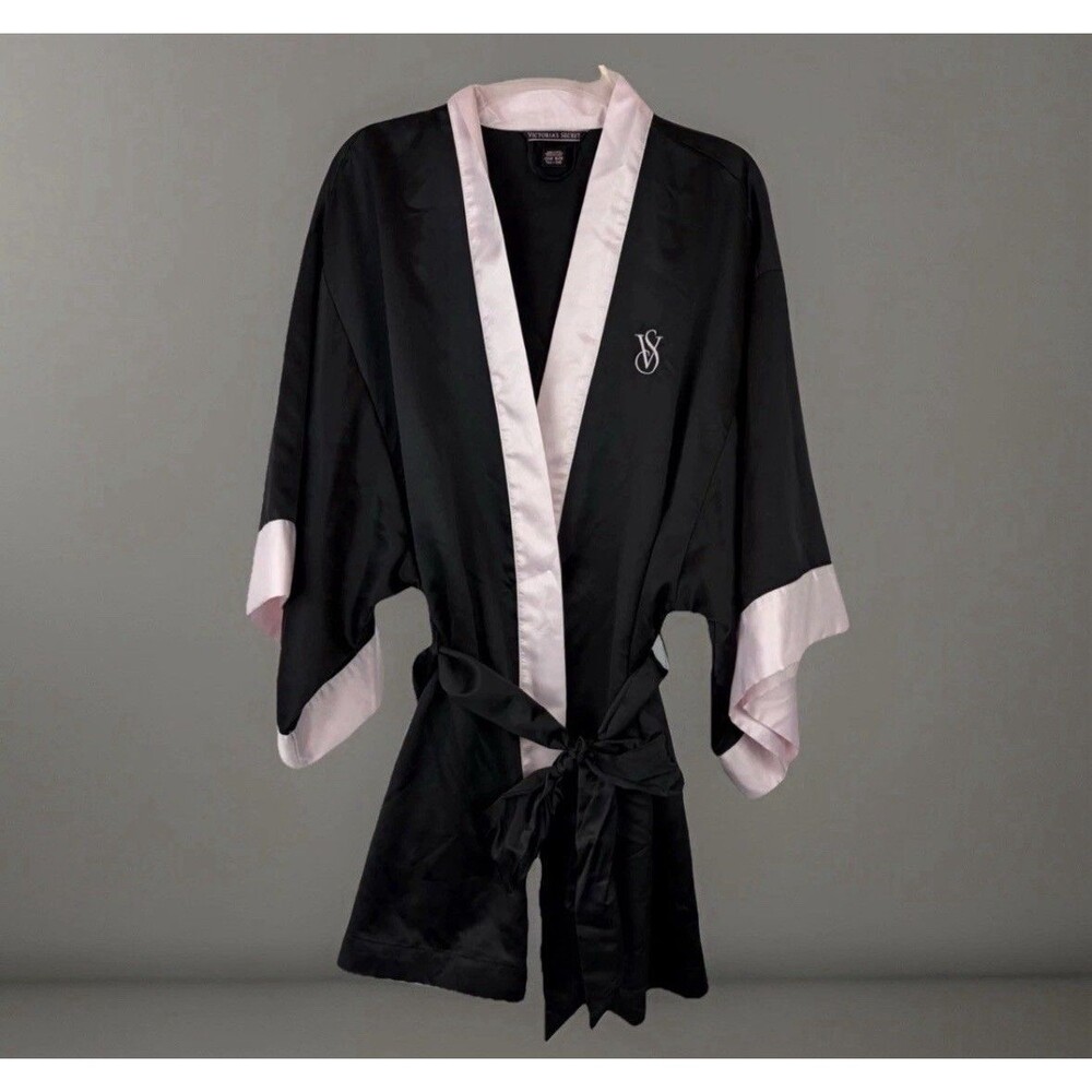 Victorias Secret Women's Short Robe One Size Black Silky Satiny Kimono Vintage